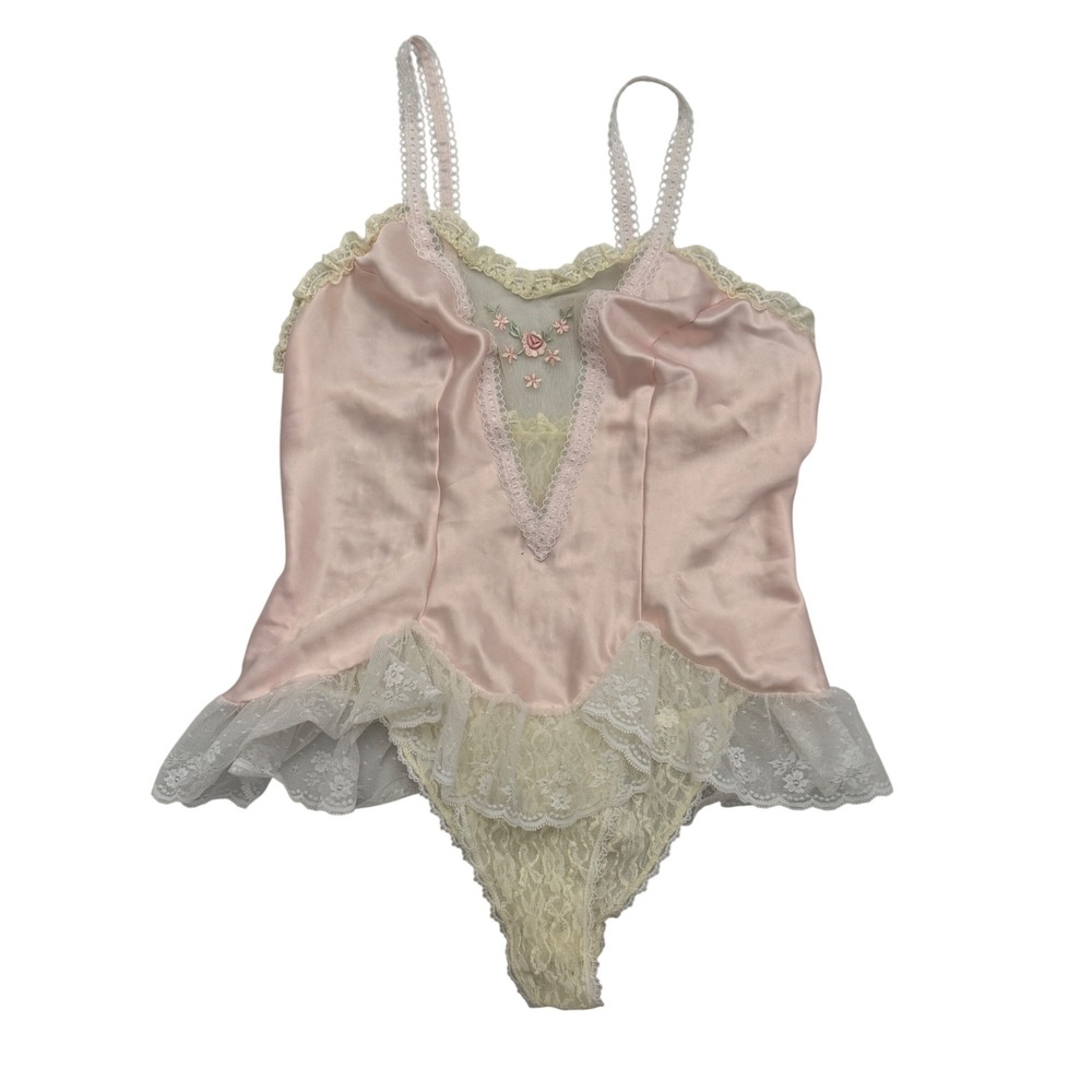 Vintage Deena Pink Satin Lace Bodysuit Floral Embroidery M Coquette Softgirl